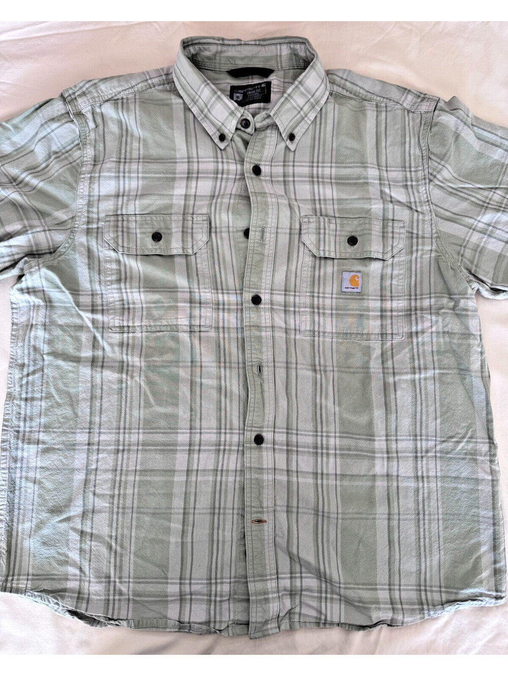Carhartt Men's Short Sleeve Shirt XL Light Green Plaid Loose Fit